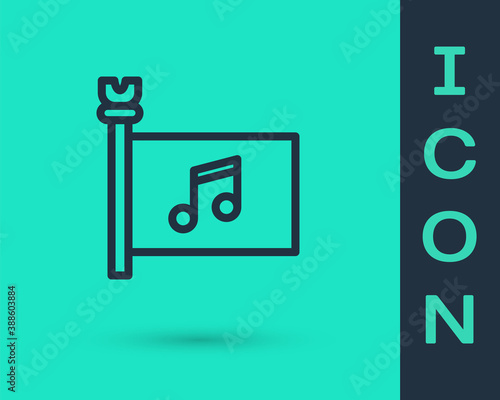 Black line Music festival, access, flag, music note icon isolated on green background. Vector.