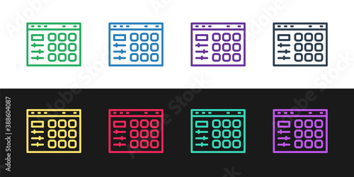 Set line Drum machine icon isolated on black and white background. Musical equipment. Vector.