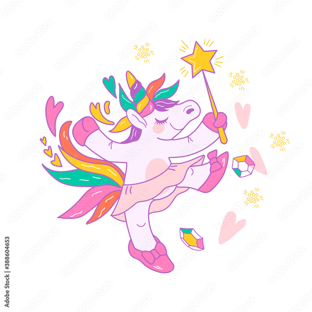 Cute dancing fairy Unicorn with rainbow mane and ballerina tutu skirt, cartoon vector icon illustration isolated on white. Print design of magic childish unicorn for sticker or patch badge.