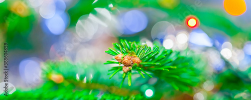 Bright christmas tree with decorations and colorful lights  soft focus blurry background