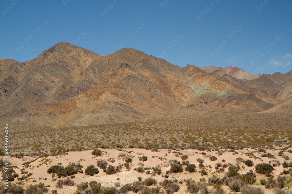 The Andes mountain range in San Francisco Pass, Catamarca, Argentina. View arid desert sand and flora, rock and sandstone mountains under a blue sky. The Andes mountain range in San Francisco Pass, Catamarca, Argentina. View arid desert sand and flora, rock and sandstone mountains under a blue sky.