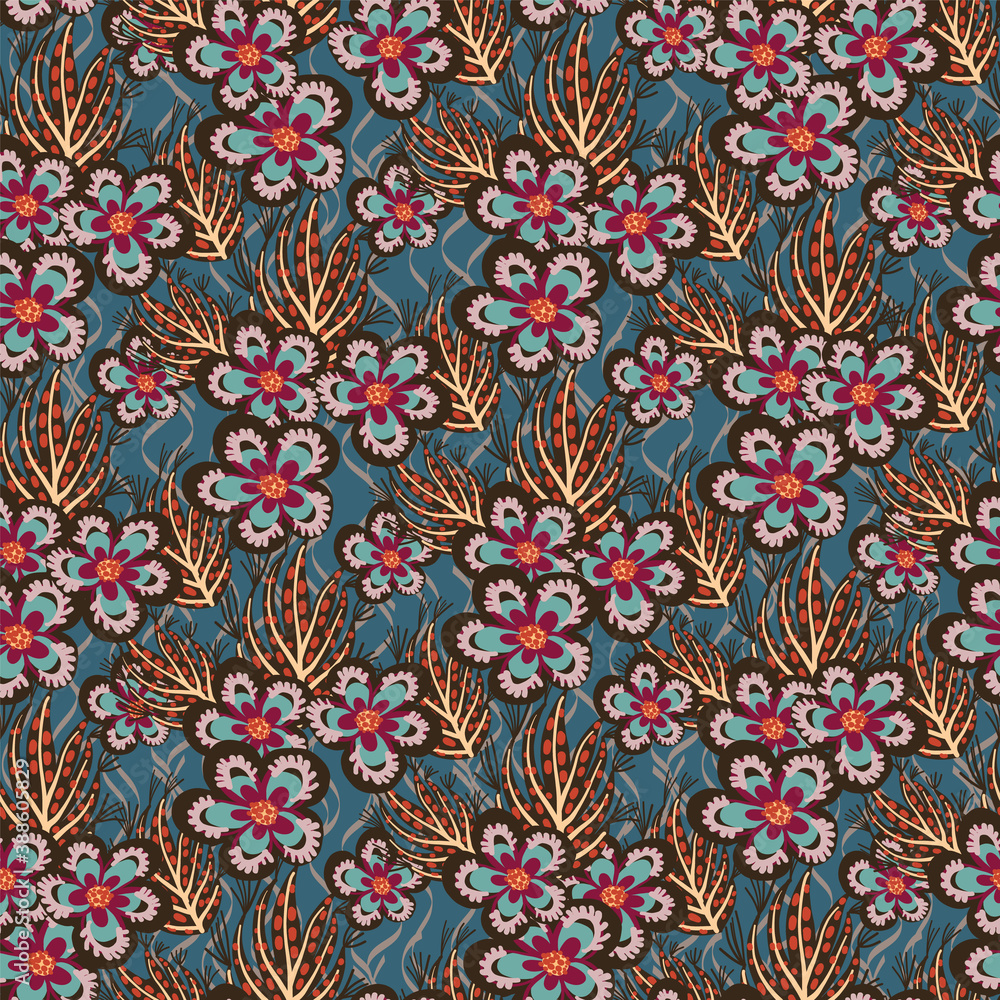 Vector whimsical tropical floral seamless pattern background.