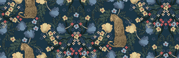 Papier peint photo Style bohème Léopard floral feuillage style vintage  © Lana