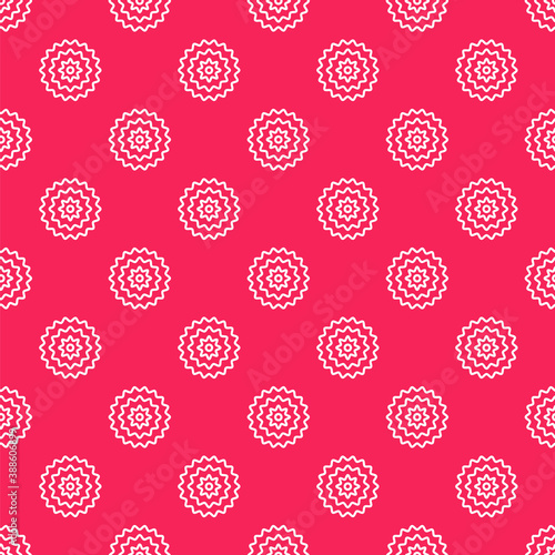 White line Bicycle cassette mountain bike icon isolated seamless pattern on red background. Rear Bicycle Sprocket. Chainring crankset with chain. Vector.