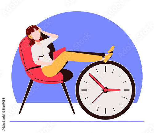 Procrastinating woman sitting in the office with her legs up on an alarm watch. Procrastination and laziness concept. Vector illustration.