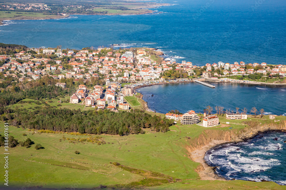 Town of Ahtopol from high above. Tandem motor paragliding over Black Sea shores near town of Ahtopol. Sunny autumn day, scenery colors and amazing landscapes and seascapes, Bulgaria