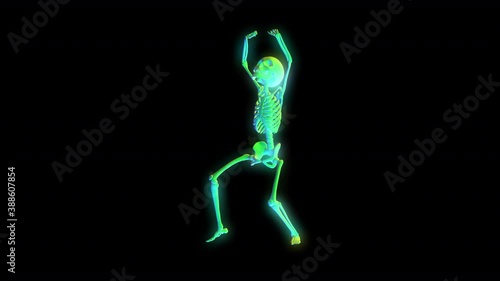 Seamless elegant animation glowing dancing skeleton with rainbow colors. Funny halloween dark background neon effect and alpha channel. photo