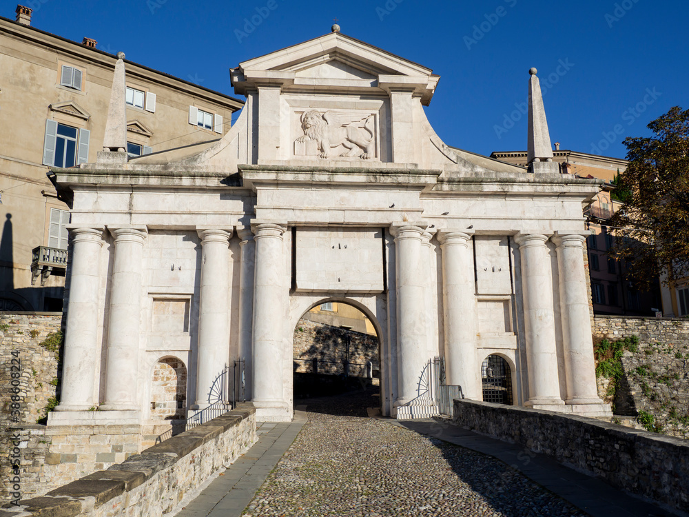 Bergamo, Italy. The old town. Amazing landscape at the ancient gate Porta San Giacomo. Bergamo one of the most beautiful cities in Italy