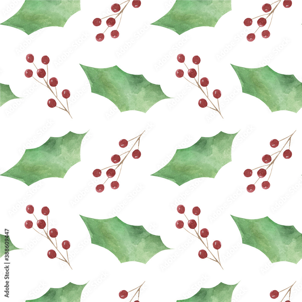 Seamless watercolor christmas pattern. Leaves, twigs, red berries. Elements of nature. Festive background.