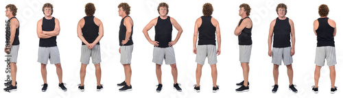 Front,side and rear view of a same man wearing sports tank tops and shorts and various poses on white background.