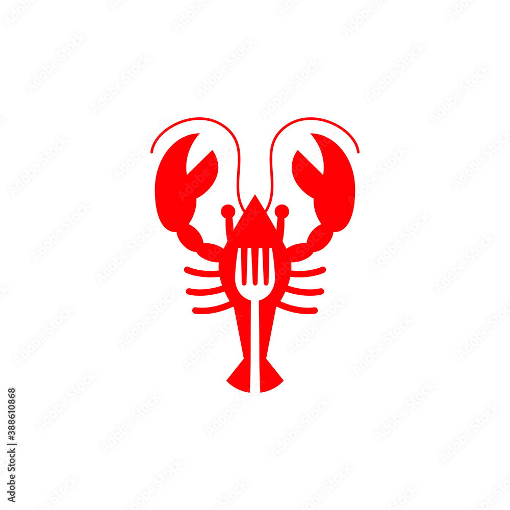 Vector illustration of shrimp and red fork for seafood restaurant icon, symbol or logo Vector illustration of shrimp and red fork for seafood restaurant icon, symbol or logo