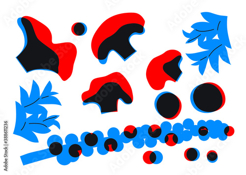 Flat abstract vector vegetables set. Various cartoon mushrooms and basil, greens, broccoli ingredients for cooking shape. Organic food poster. Healthy eating draw in modern freehand style. Vegan menu