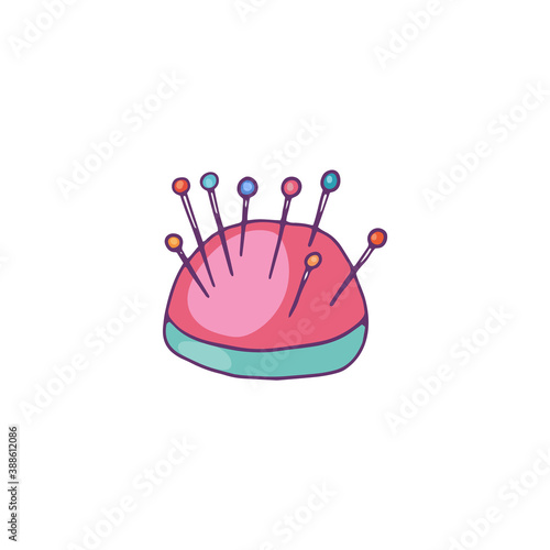 Pink needle pincushion for embroidery, cartoon vector illustration isolated