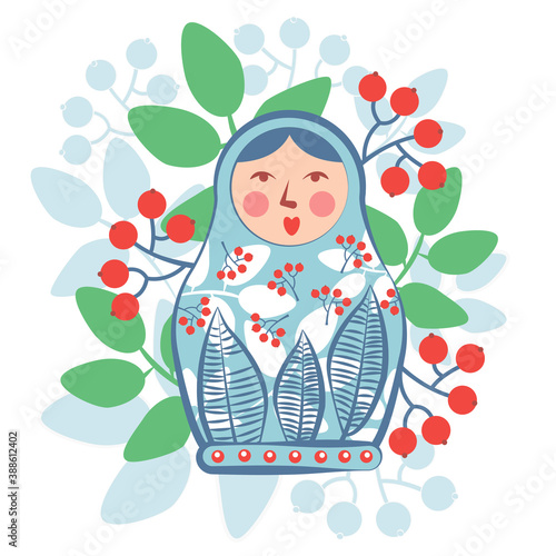 Illustration russian souvenir nested doll surrounded by leaves and berries on white bsackground.