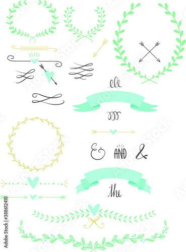 Set of vector doodle floral laurels love labels elements 