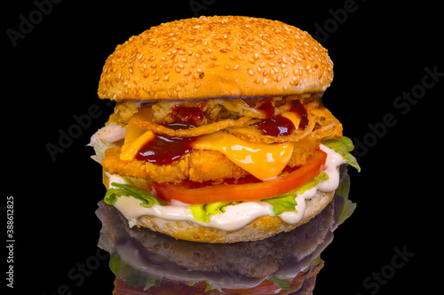 Delicious chicken burger with cheese and vegetables,