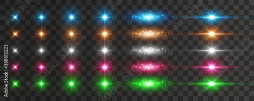 Flare light effect set isolated on transparent background. Blue, white, gold, silver, pink, green flash lense rays and spotlight beams. Glow star burst with sparkles