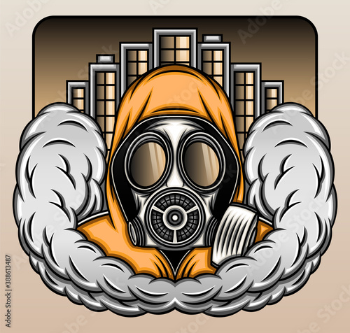 Gas mask with smoke in the city