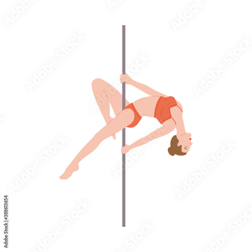 Slim woman in red bikini dancing with pole, flat vector illustration isolated.