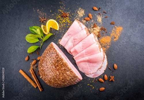 Quadro su tela Modern style traditional German boiled Christmas ham with exotically spices and