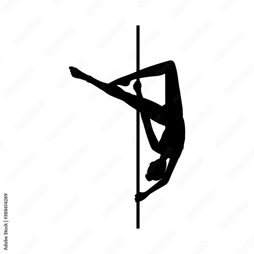 Black silhouette of woman dancing with pole vector illustration isolated. - obrazy, fototapety, plakaty 