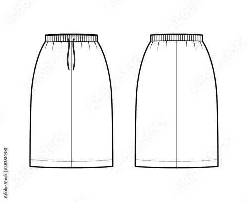 Skirt cargo technical fashion illustration with knee length silhouette, stretch drawstring waistband. Flat bottom template front, back, white color style. Women, men, unisex CAD mockup
