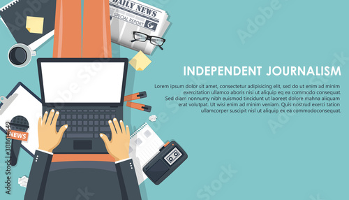 Independent journalism flat banner. Equipment for journalist. Man sitting on the floor and holding lap top in his lap. Flat vector illustration photo