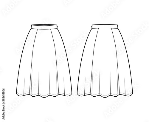 Skirt six gore technical fashion illustration with knee silhouette, semi-circular fullness, thin waistband. Flat bottom template front, back, white color style. Women, men, unisex CAD mockup