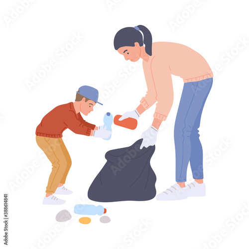 Volunteers mother and child collecting trash flat vector illustration isolated.