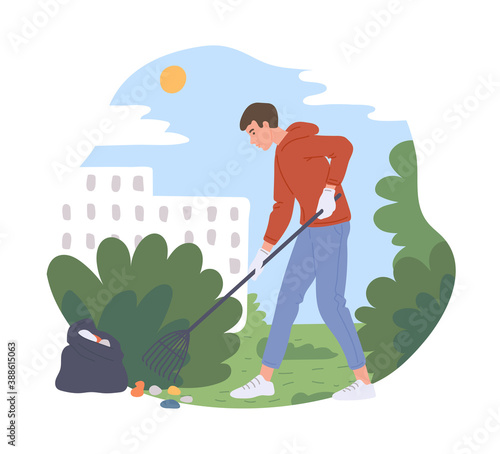Man cleaning city park deleting rubbish, flat cartoon vector illustration