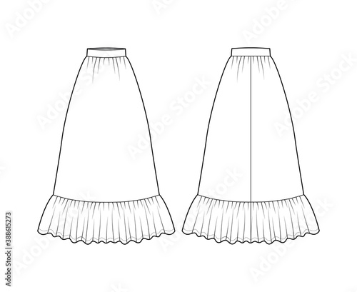 Skirt prairie dirndl technical fashion illustration with floor ankle lengths, semi-circular fullness, thick waistband. Flat bottom template front, back, white color style. Women men unisex CAD mockup