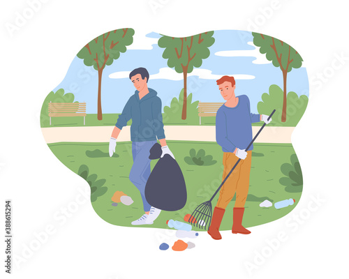 People cleaning city green park from trash, flat cartoon vector illustration