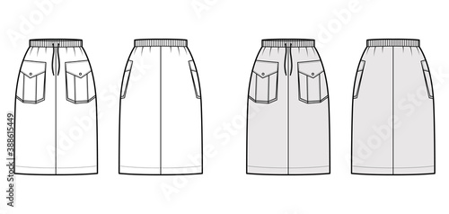 Skirt cargo technical fashion illustration with knee length  pockets with flap  stretch drawstring waistband. Flat bottom template front  back  white grey color style. Women  men  unisex CAD mockup