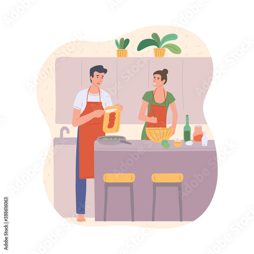 Couple of husband and wife cooking together in kitchen a vector flat illustration