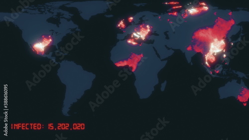 Animated global map showing confirmed covid-19 coronavirus cases spreading from infected Hubei province in China over the world. 3d rendering background 4K video with iconography and statistics.