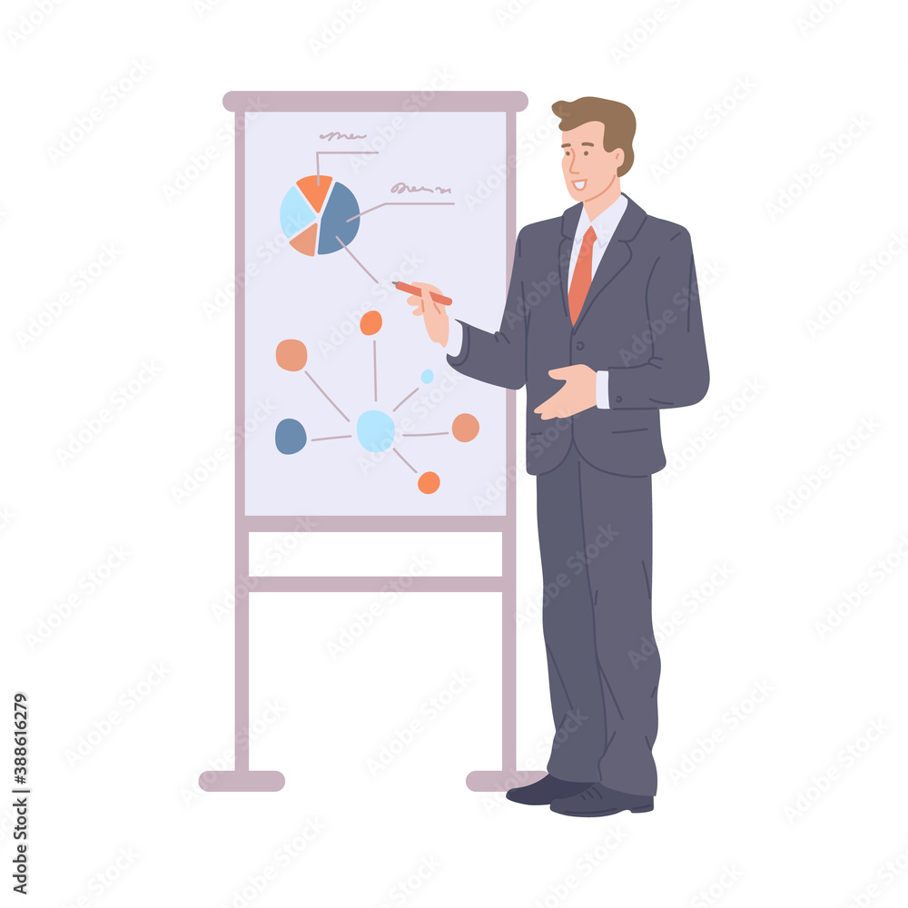 Man making business presentation, flat cartoon vector illustration isolated Man making business presentation, flat cartoon vector illustration isolated