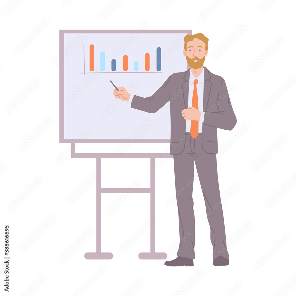 Businessman shows presentation with graphs a flat vector isolated illustration Businessman shows presentation with graphs a flat vector isolated illustration