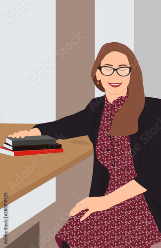 Smiling beautiful lady in a dress and jacket sitting at the café with books