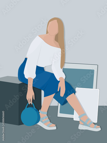 Beautiful lady with long fair hair posing at the photo session holding round handbag  