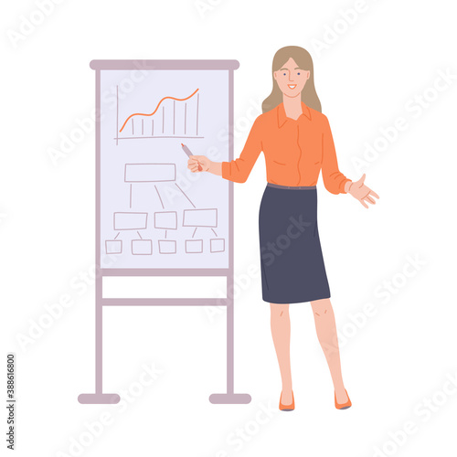 Business woman giving sales presentation flat vector illustration isolated.