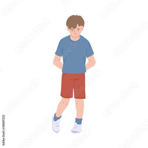 Shy little school boy hesitating, flat cartoon vector illustration isolated