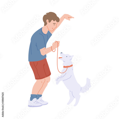 Flat vector isolated illustration of a boy playing with his friend puppy dog