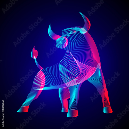 Angry Bull. Stylized silhouette of standing horned ox - symbol of the year in the Chinese zodiac calendar. Outline vector illustration of wild animal in 3d line art style on neon abstract background