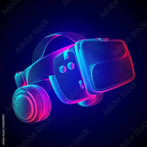 Virtual reality headset. Abstract VR helmet with glasses and headphones. Outline vector illustration of Augmented reality future technology concept in 3d line art style on neon abstract background
