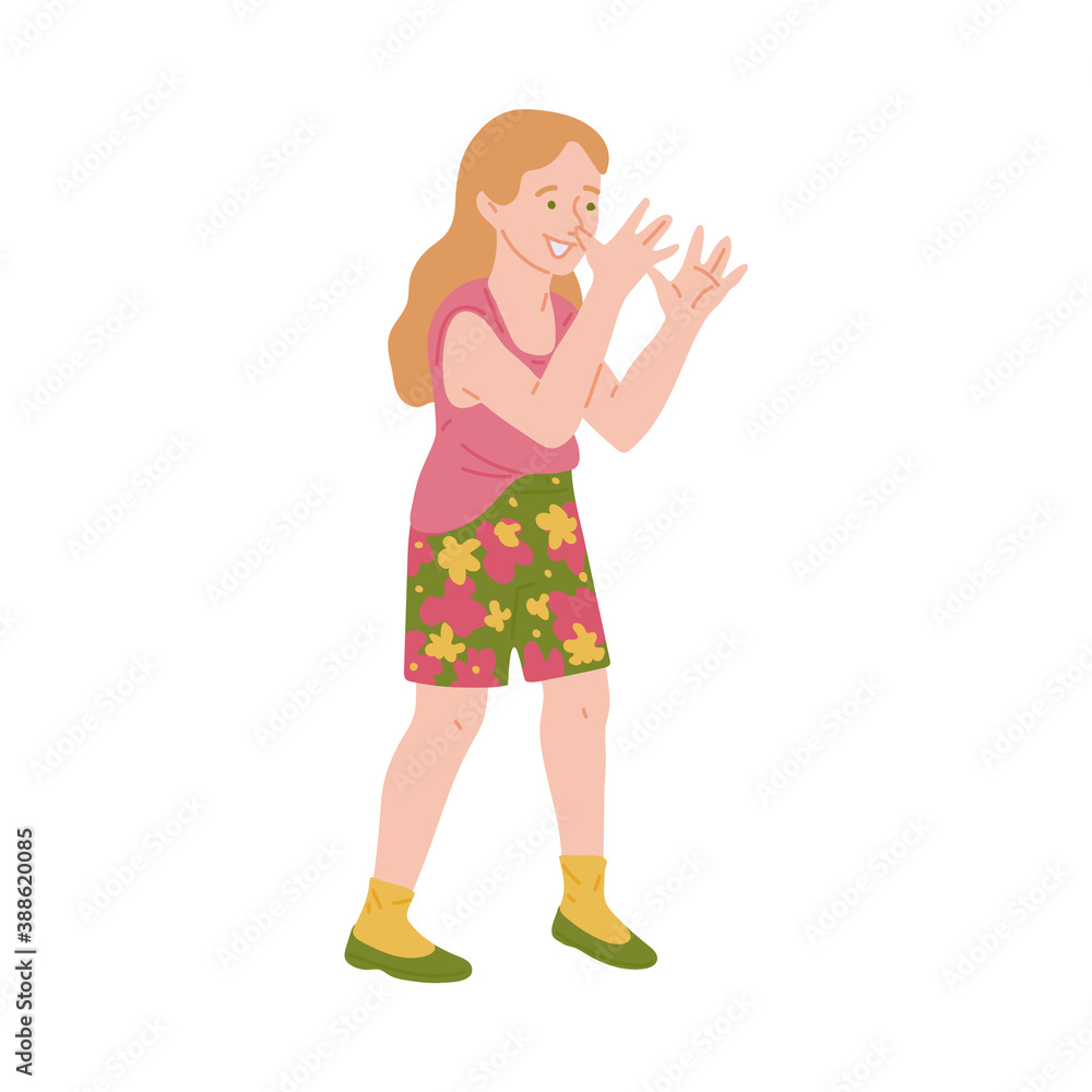 Cheeky naughty girl shows bullying gesture, flat vector illustration isolated. Cheeky naughty girl shows bullying gesture, flat vector illustration isolated.
