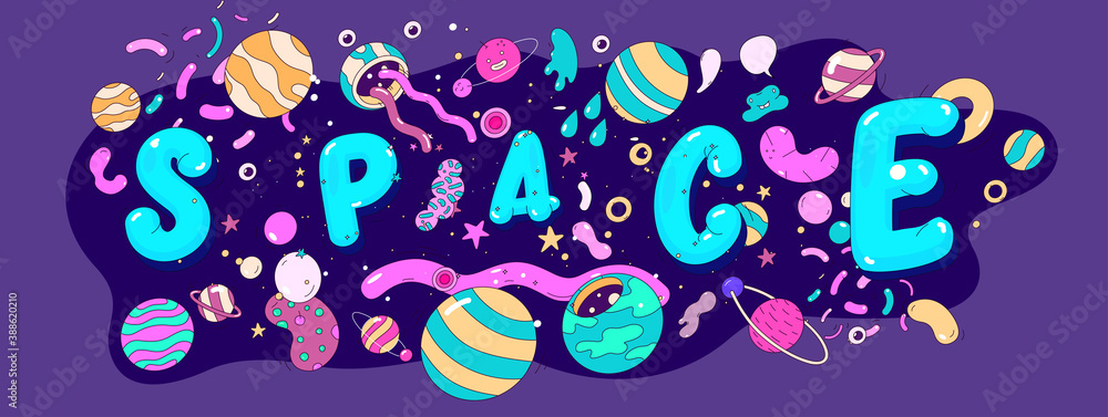 Big set of space objects and elements, painted cartoon style, illustration with outline. Vector illustration.