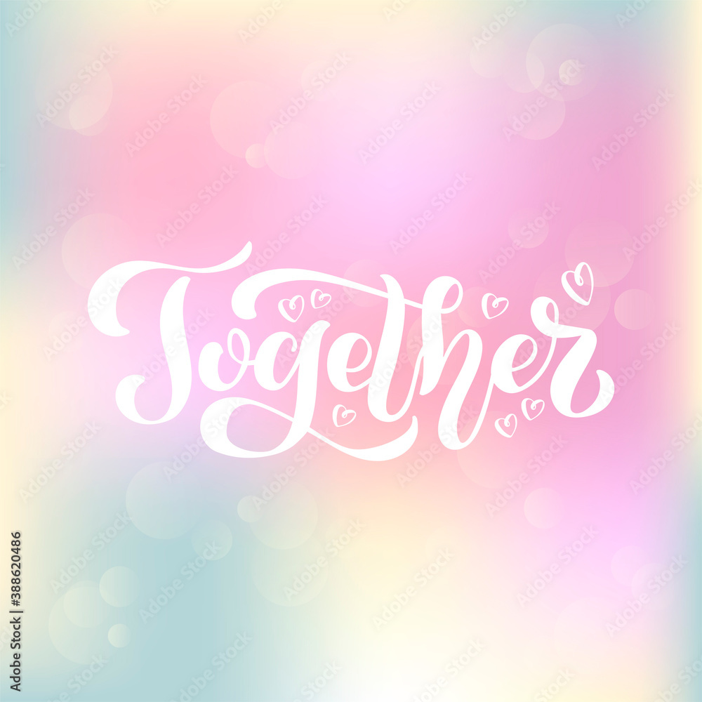 Vector illustration of together lettering for banner, postcard, poster, clothes, advertisement design. Handwritten text for template, signage, billboard, print, logo. Imitation of brush pen writing
Vector illustration of together lettering for banner, postcard, poster, clothes, advertisement design. Handwritten text for template, signage, billboard, print, logo. Imitation of brush pen writing