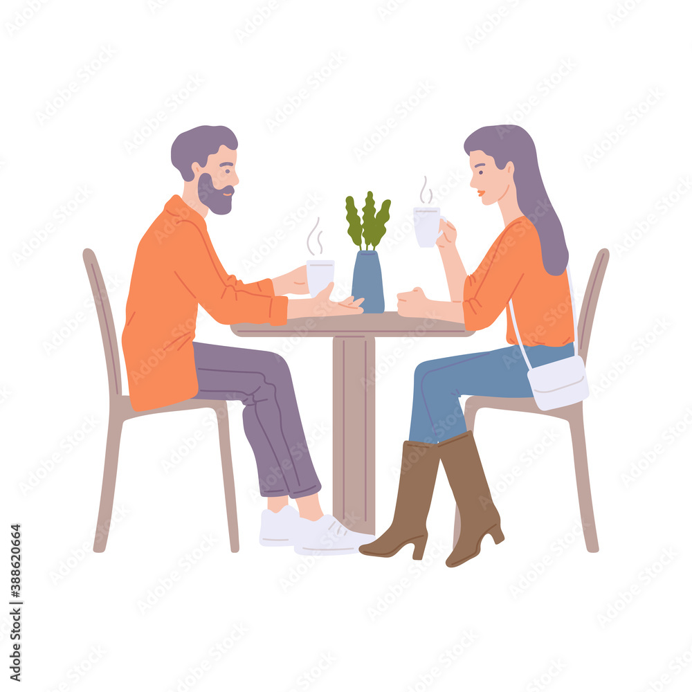 Couple having date in coffeeshop or cafe, flat vector illustration isolated. Couple having date in coffeeshop or cafe, flat vector illustration isolated.