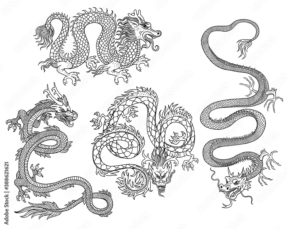 Black line images of Chinese dragon, outline vector illustration