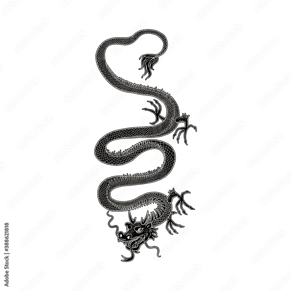 Chinese ancient dragon black monochrome vector illustration isolated on white. Chinese ancient dragon black monochrome vector illustration isolated on white.